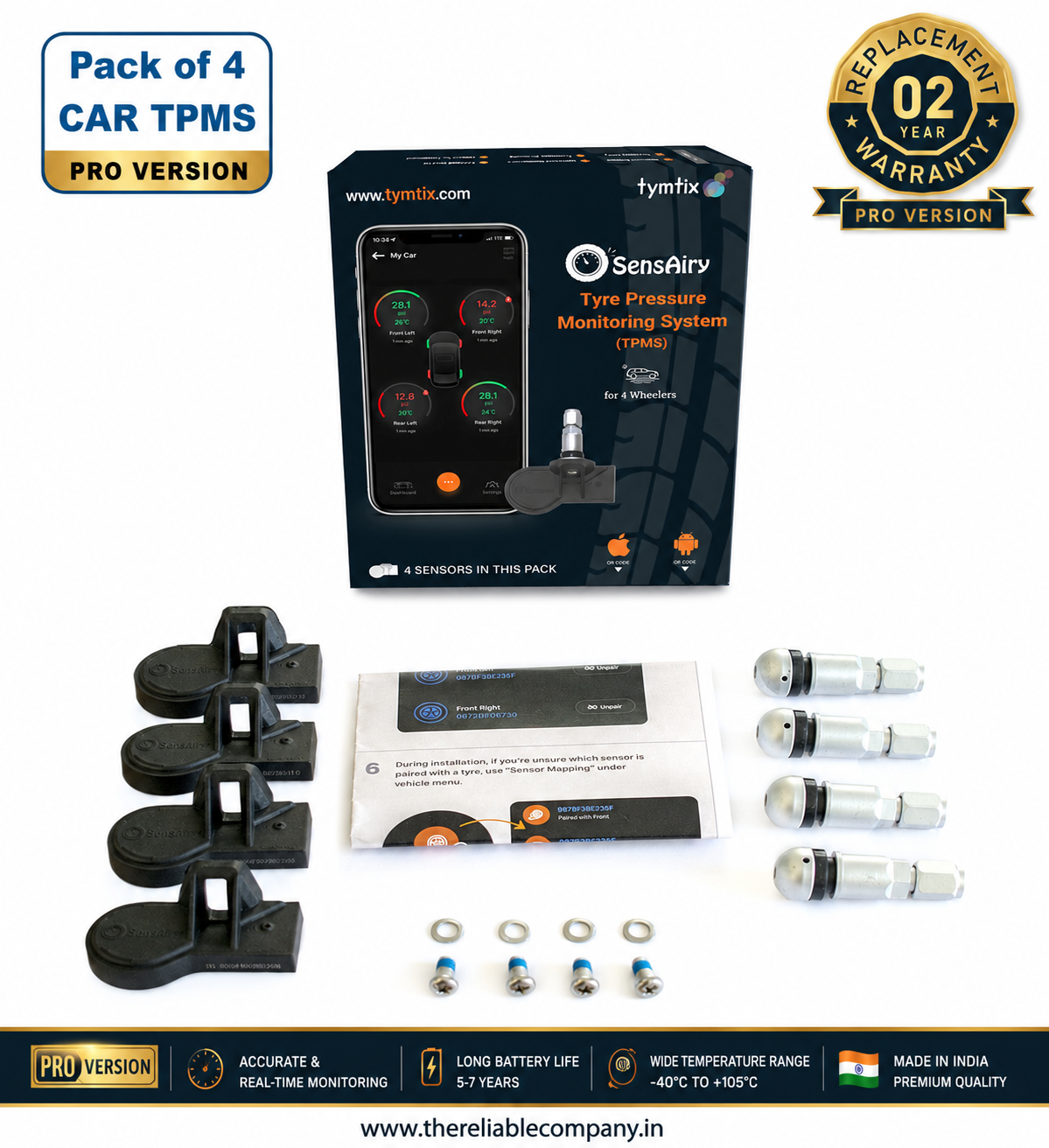 SensAiry PRO CAR TPMS | New Gen | Four Wheeler Tyre Pressure Monitoring System | BLE Internal TPMS with 24 Months Warranty - Pack of 4